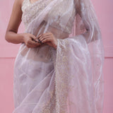 Pale Lavender Tissue Organza Saree With Hand Embroidery