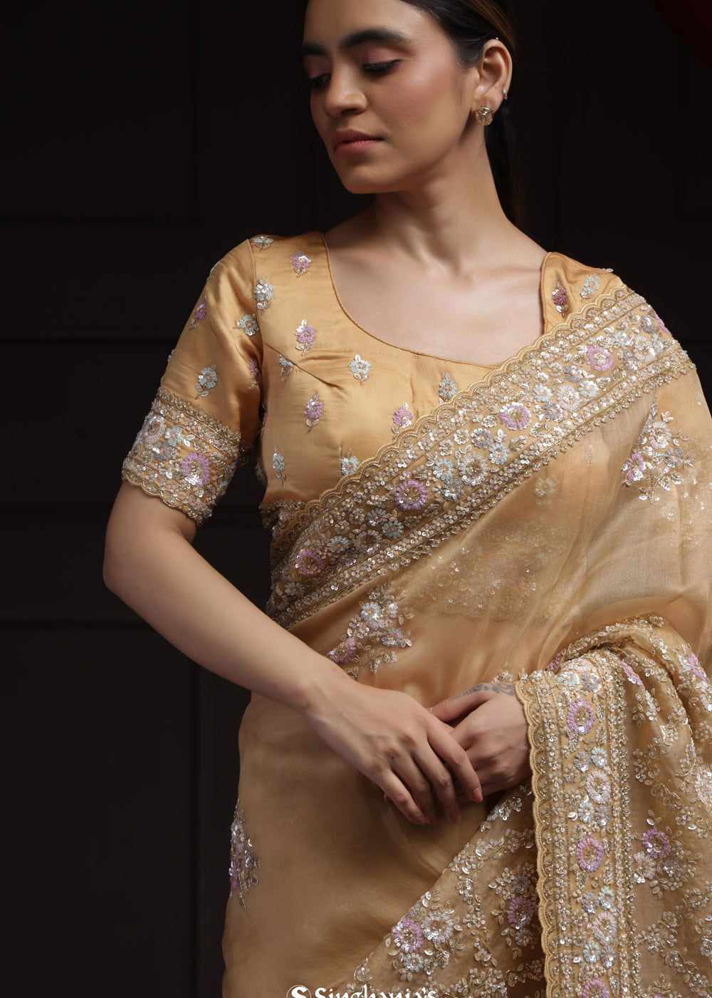 Light Orange Tissue Designer Saree With Floral Embroidery