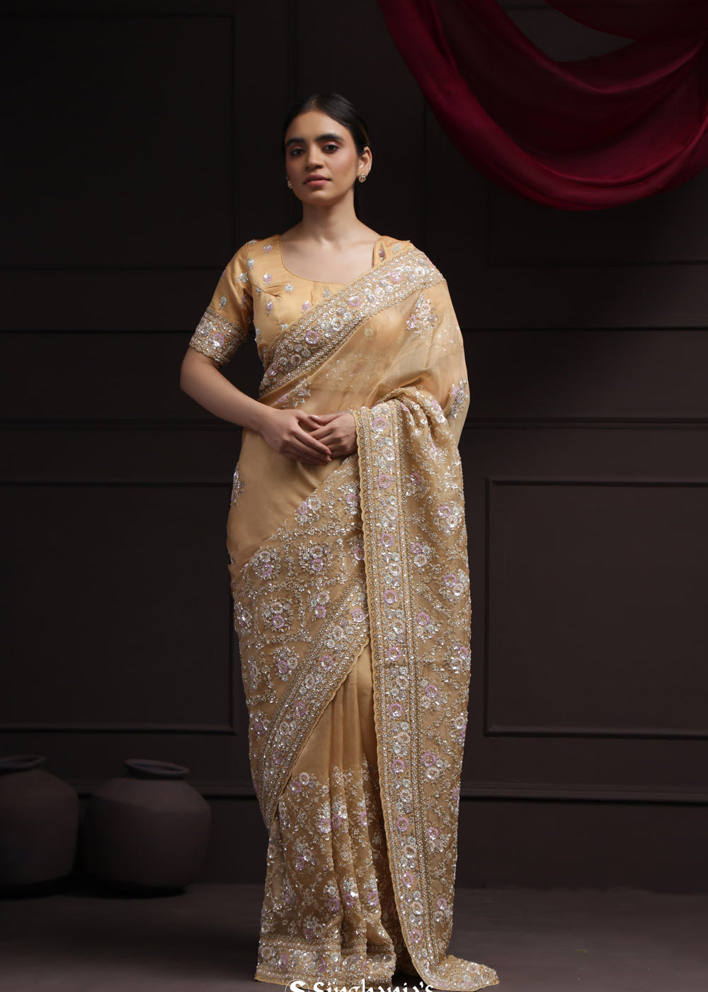 Light Orange Tissue Designer Saree With Floral Embroidery