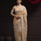 Light Orange Tissue Designer Saree With Floral Embroidery