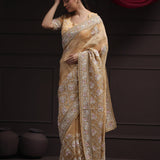 Light Orange Tissue Designer Saree With Floral Embroidery