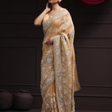 Light Orange Tissue Designer Saree With Floral Embroidery
