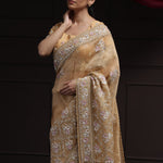 Light Orange Tissue Designer Saree With Floral Embroidery