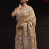 Light Orange Tissue Designer Saree With Floral Embroidery