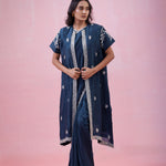 Prussian Blue Organza Saree With Hand Embroidery