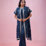 Prussian Blue Organza Saree With Hand Embroidery