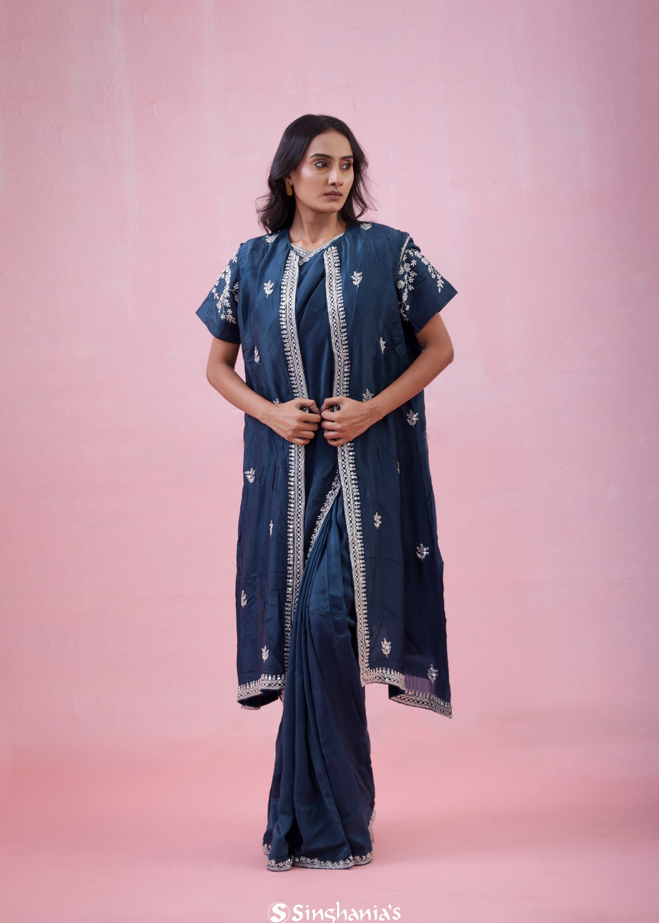 Prussian Blue Organza Saree With Hand Embroidery