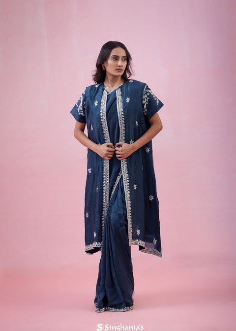 <img> Prussian Blue Organza Saree With Hand Embroidery