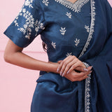 Prussian Blue Organza Saree With Hand Embroidery