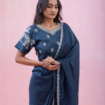 Prussian Blue Organza Saree With Hand Embroidery