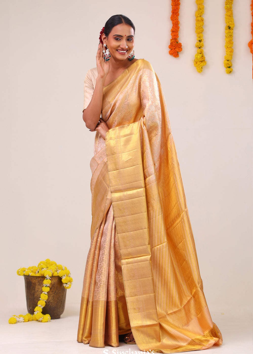 Pastel Peach Jaal Kanjivaram Silk Saree