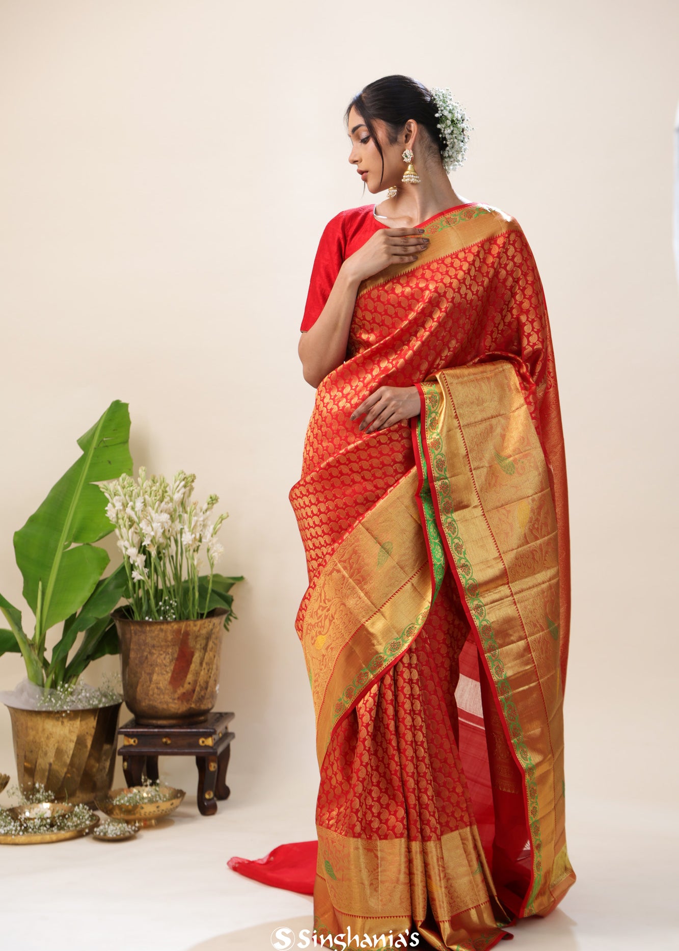 Orange Red Kanjivaram Silk Saree With Floral Buttis