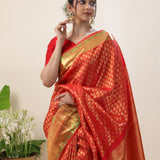 Orange Red Kanjivaram Silk Saree With Floral Buttis