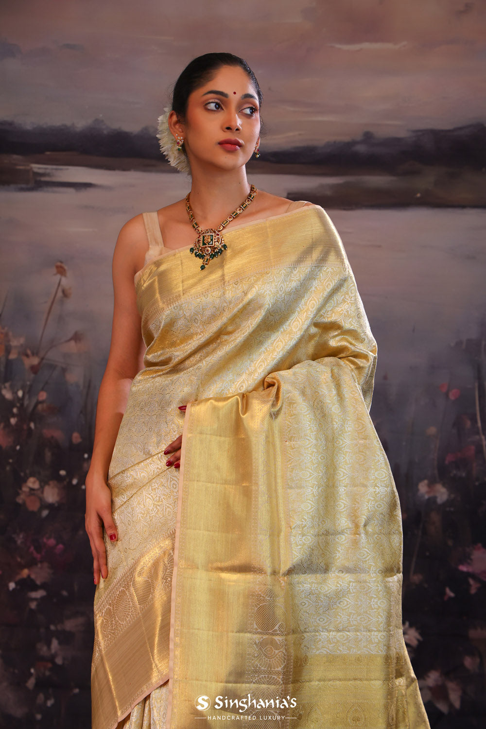 Vanilla Gold Jaali Kanjivaram Silk Saree