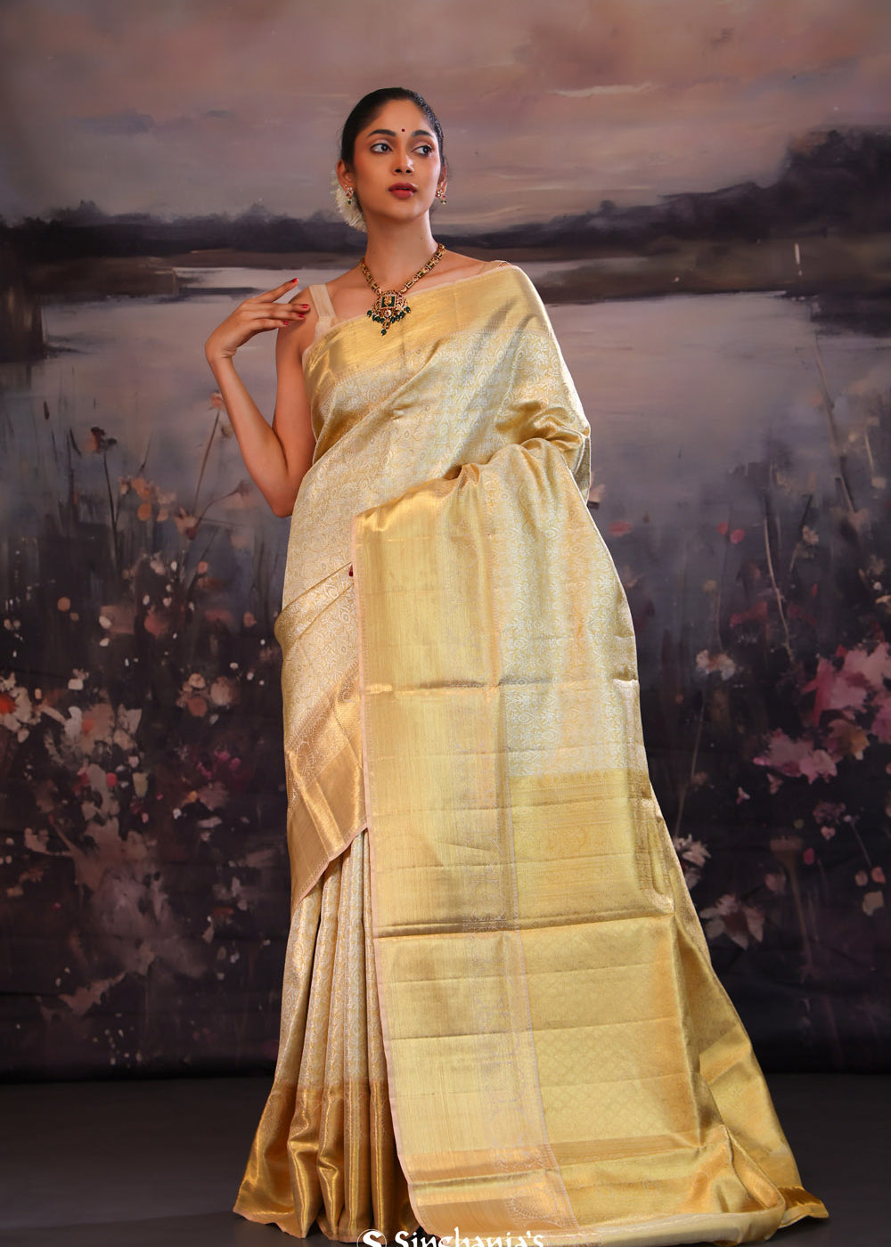 Vanilla Gold Jaali Kanjivaram Silk Saree