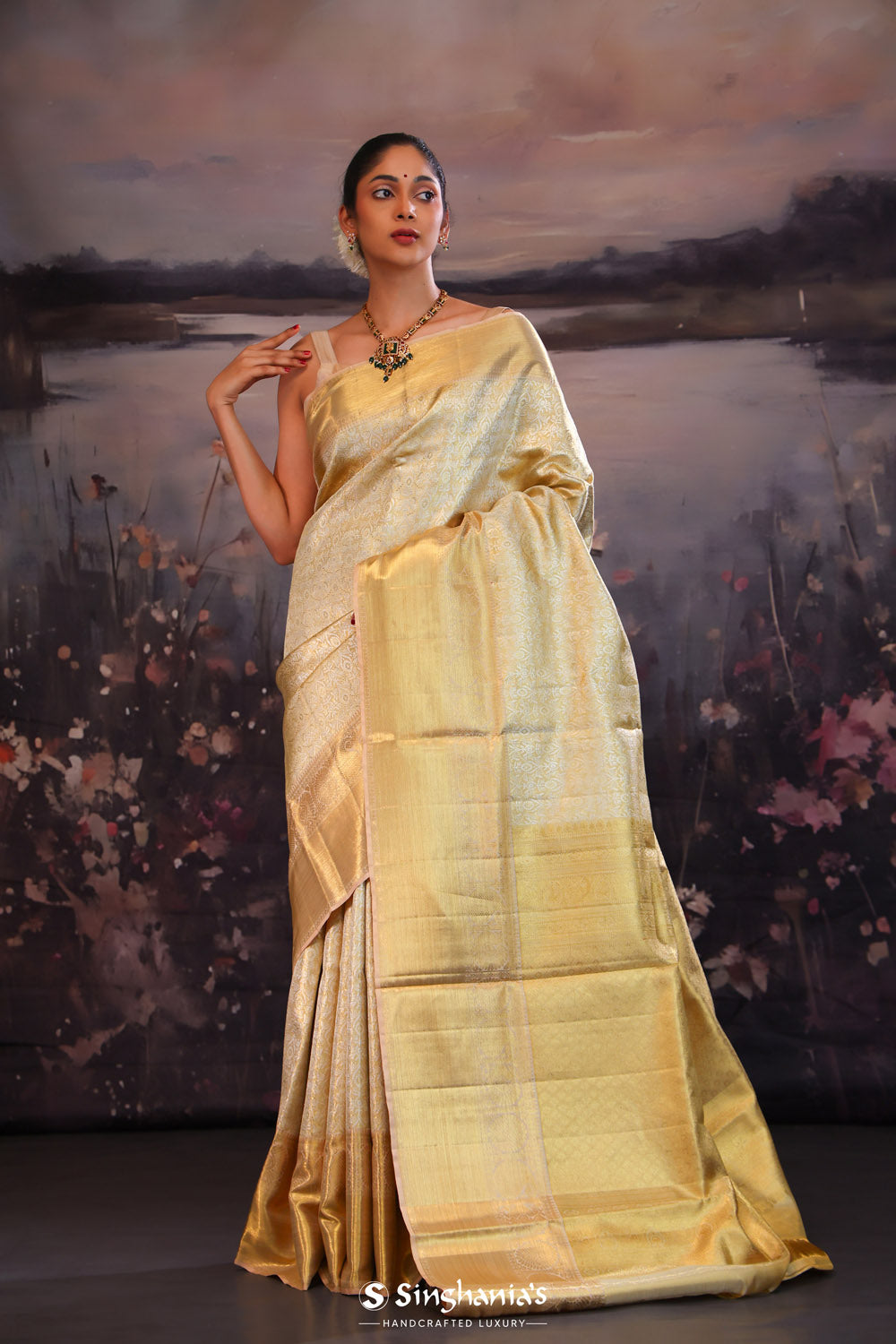 Vanilla Gold Jaali Kanjivaram Silk Saree