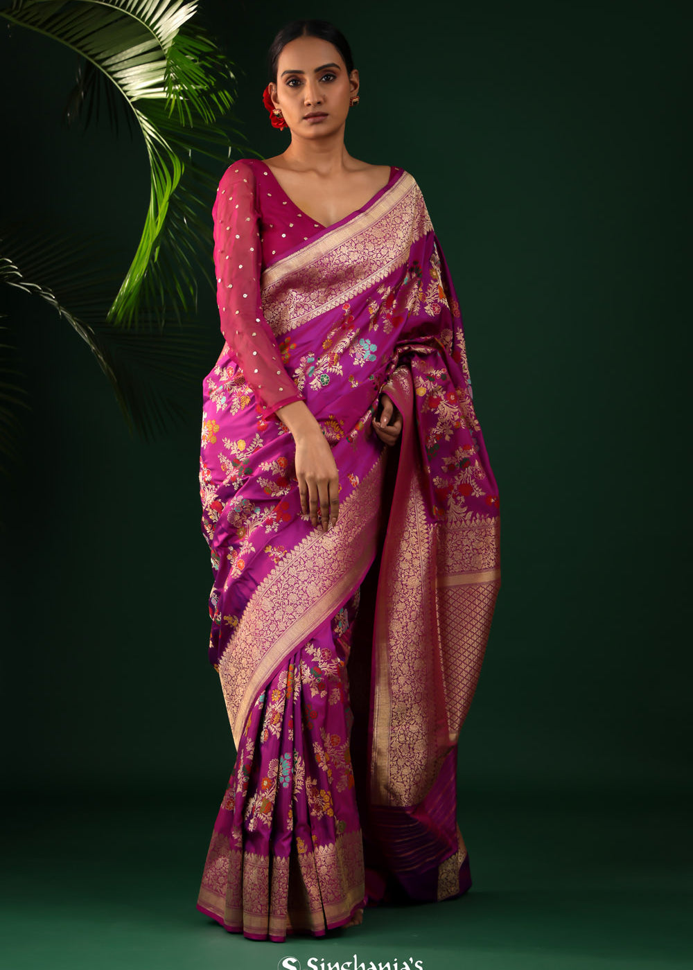 True Purple Banarasi Silk Saree With Intricate Butta Details