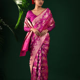 Deep Pink-Purple Banarasi Silk Saree With Chevron Meenakari Weaving