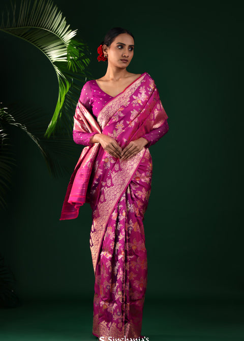 <img> Deep Pink-Purple Banarasi Silk Saree With Chevron Meenakari Weaving