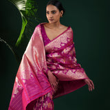 Deep Pink-Purple Banarasi Silk Saree With Chevron Meenakari Weaving