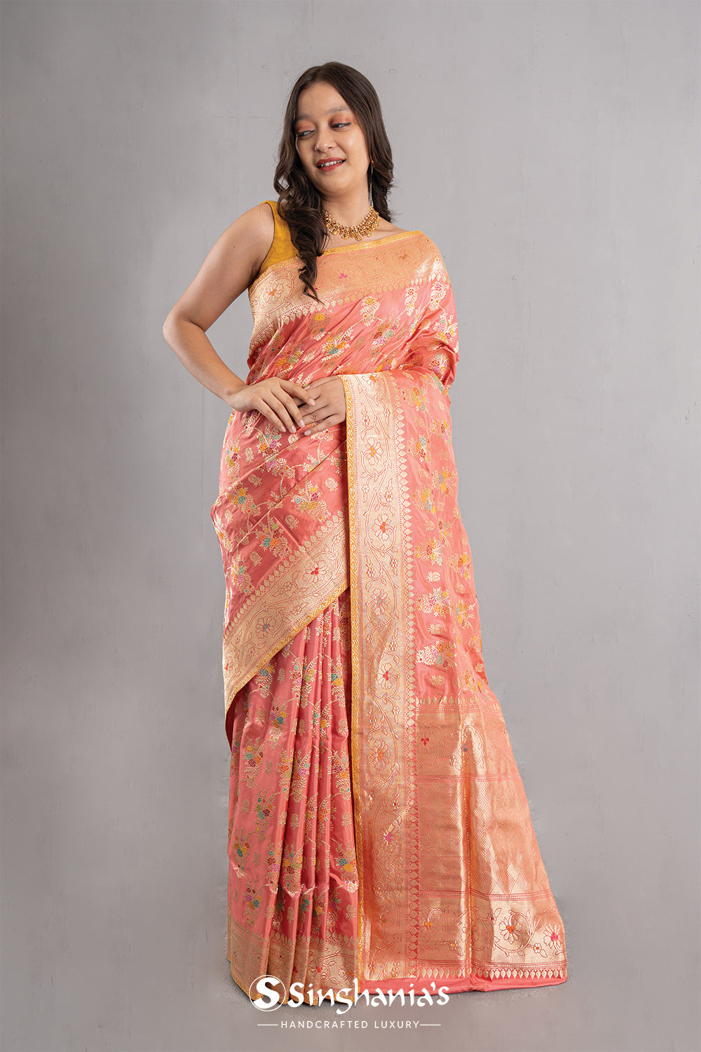 Candlelight Peach Banarasi Silk Jaal Saree