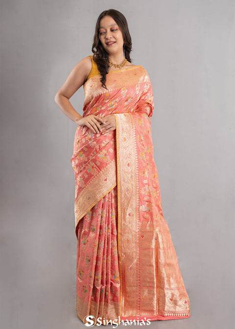 <img> Candlelight Peach Banarasi Silk Jaal Saree