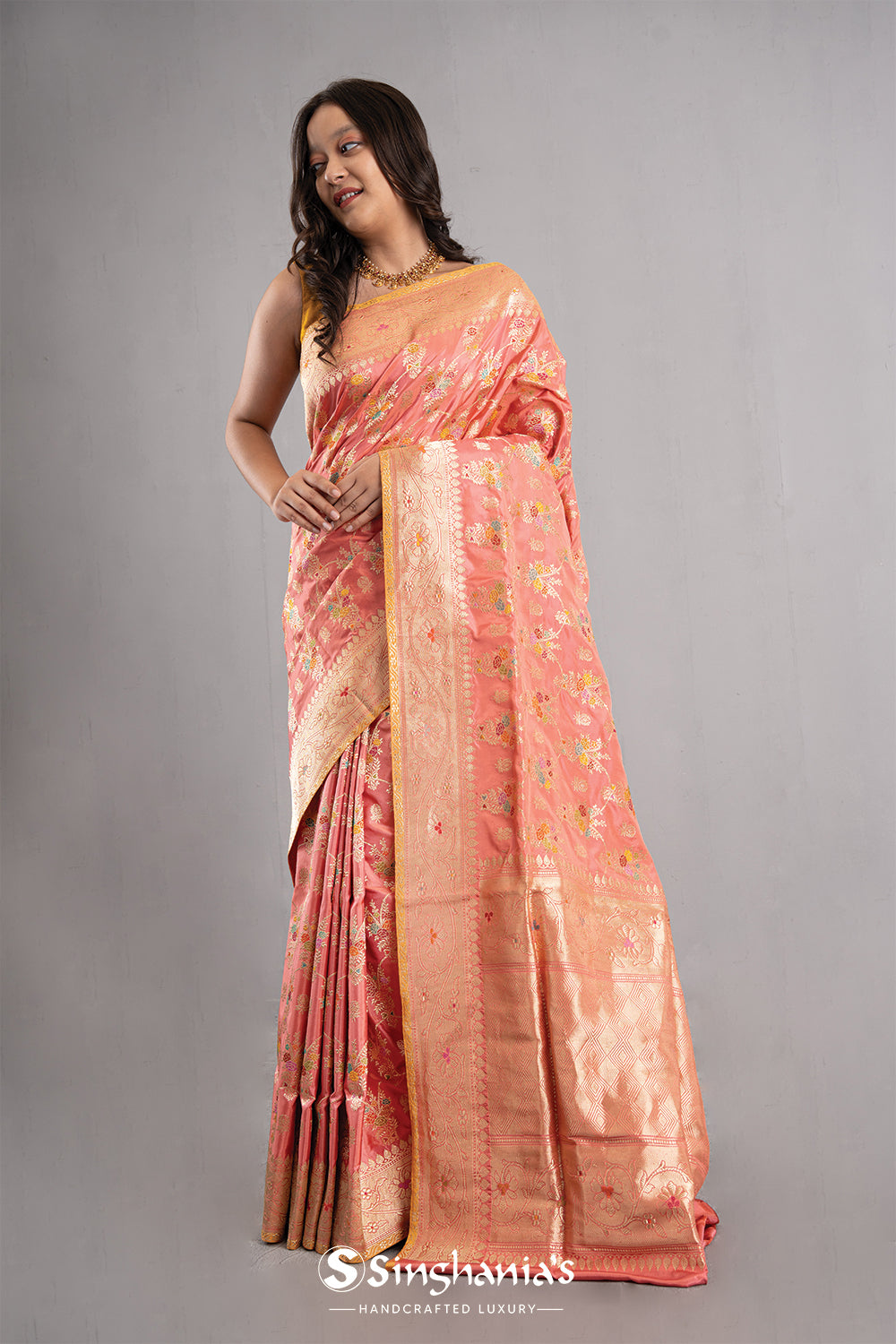 Candlelight Peach Banarasi Silk Jaal Saree