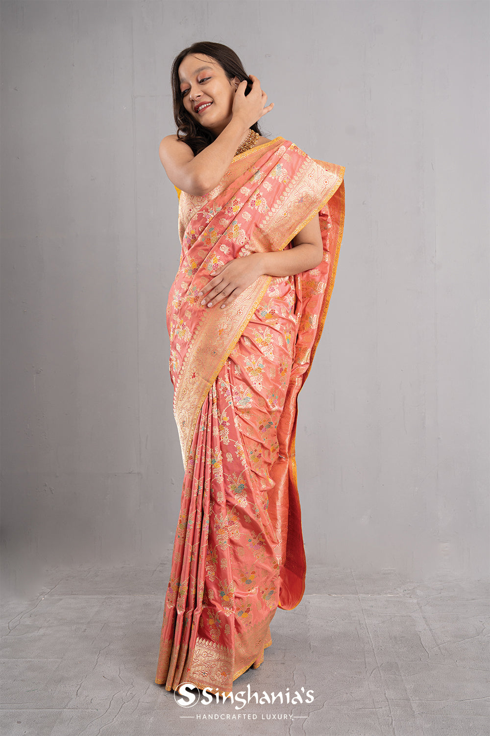 Candlelight Peach Banarasi Silk Jaal Saree