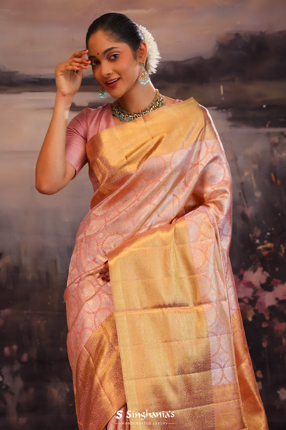 Melon Peach Butta Kanjivaram Silk Saree
