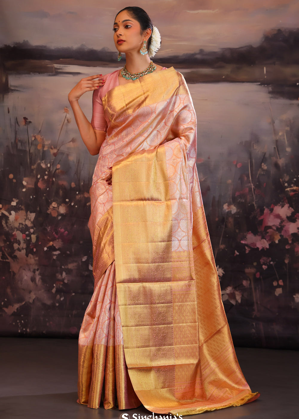 Melon Peach Butta Kanjivaram Silk Saree