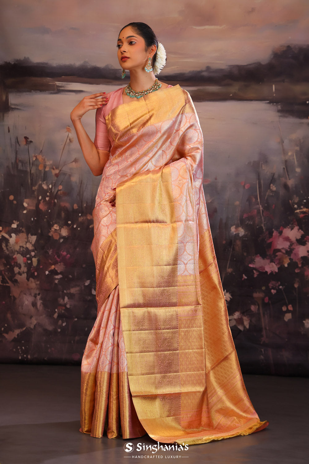 Melon Peach Butta Kanjivaram Silk Saree
