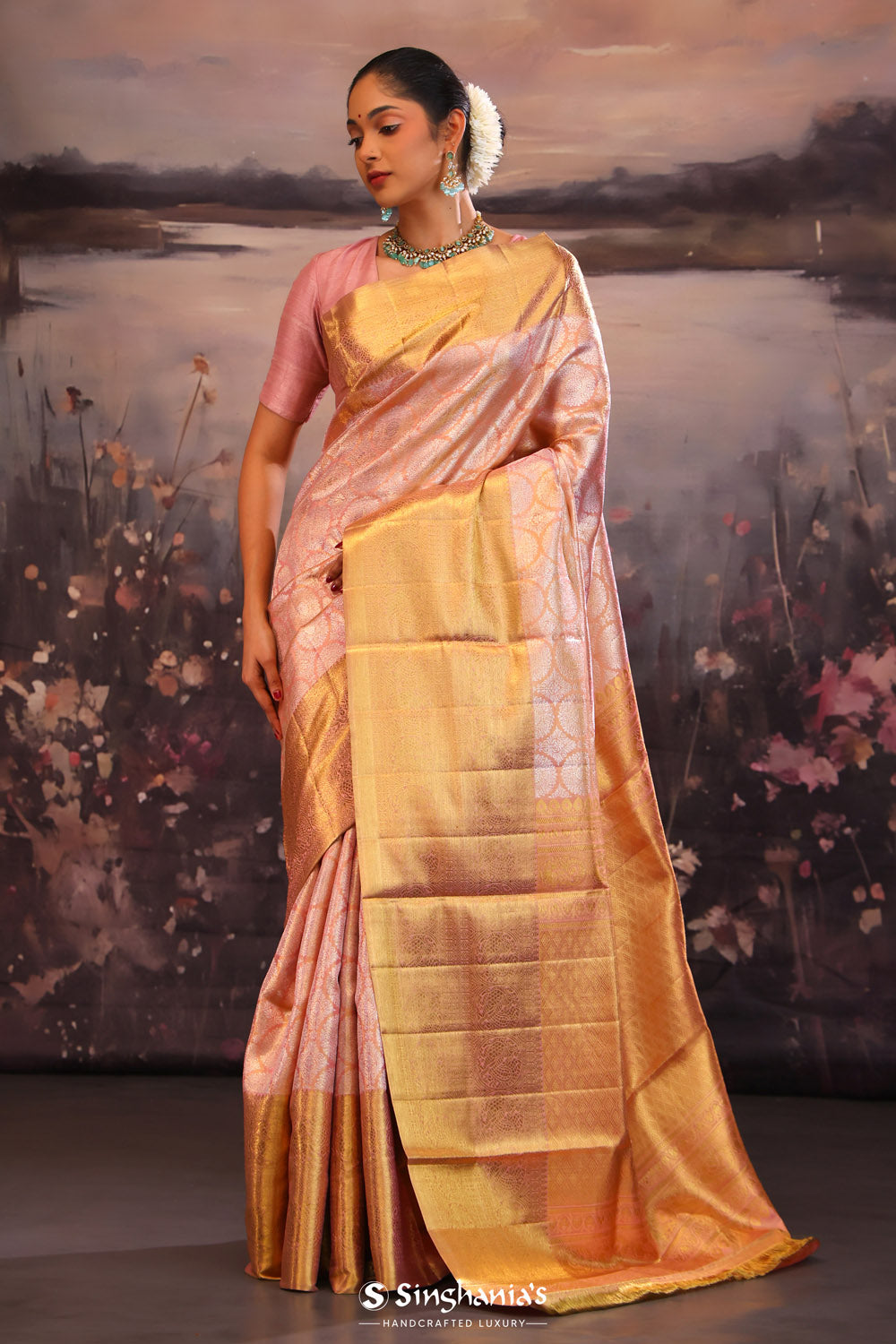 Melon Peach Butta Kanjivaram Silk Saree