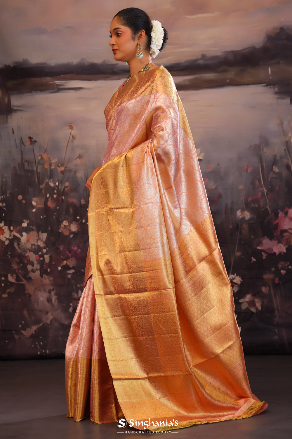 Melon Peach Butta Kanjivaram Silk Saree