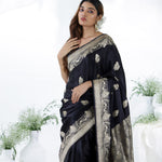 Black Blue Banarasi Mashru Silk Saree With Floral Motifs
