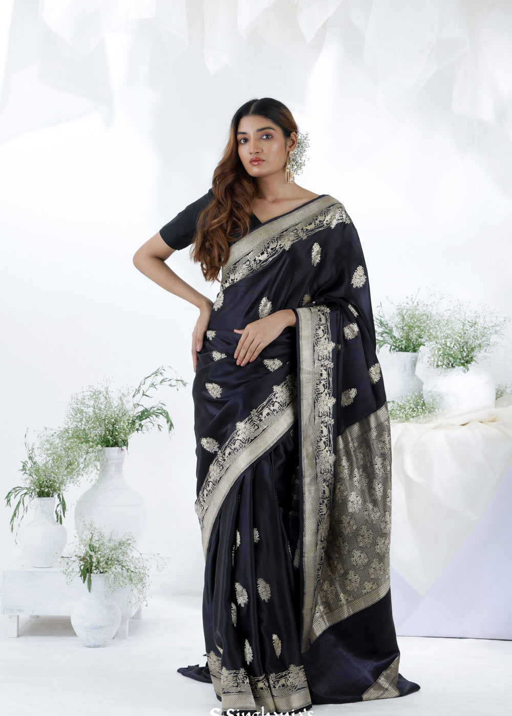 Black Blue Banarasi Mashru Silk Saree With Floral Motifs