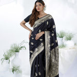 Black Blue Banarasi Mashru Silk Saree With Floral Motifs