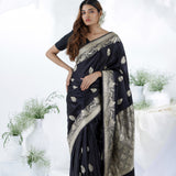 Black Blue Banarasi Mashru Silk Saree With Floral Motifs