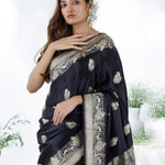 Black Blue Banarasi Mashru Silk Saree With Floral Motifs