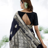 Black Blue Banarasi Mashru Silk Saree With Floral Motifs