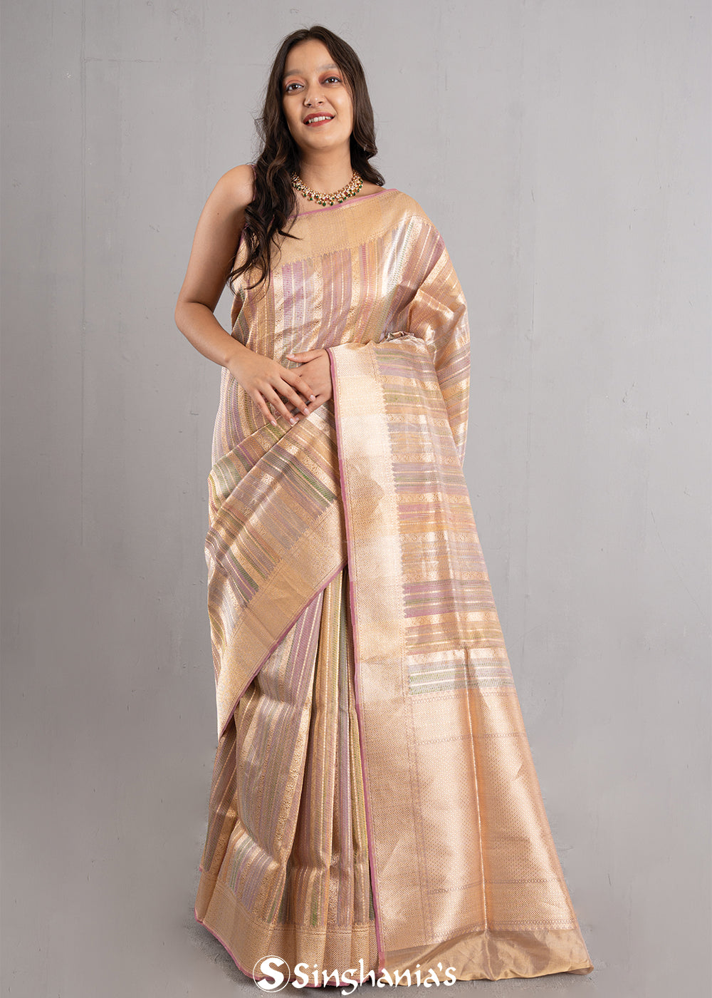 Medium Gold Multicolour Stripe Tissue Banarasi Saree