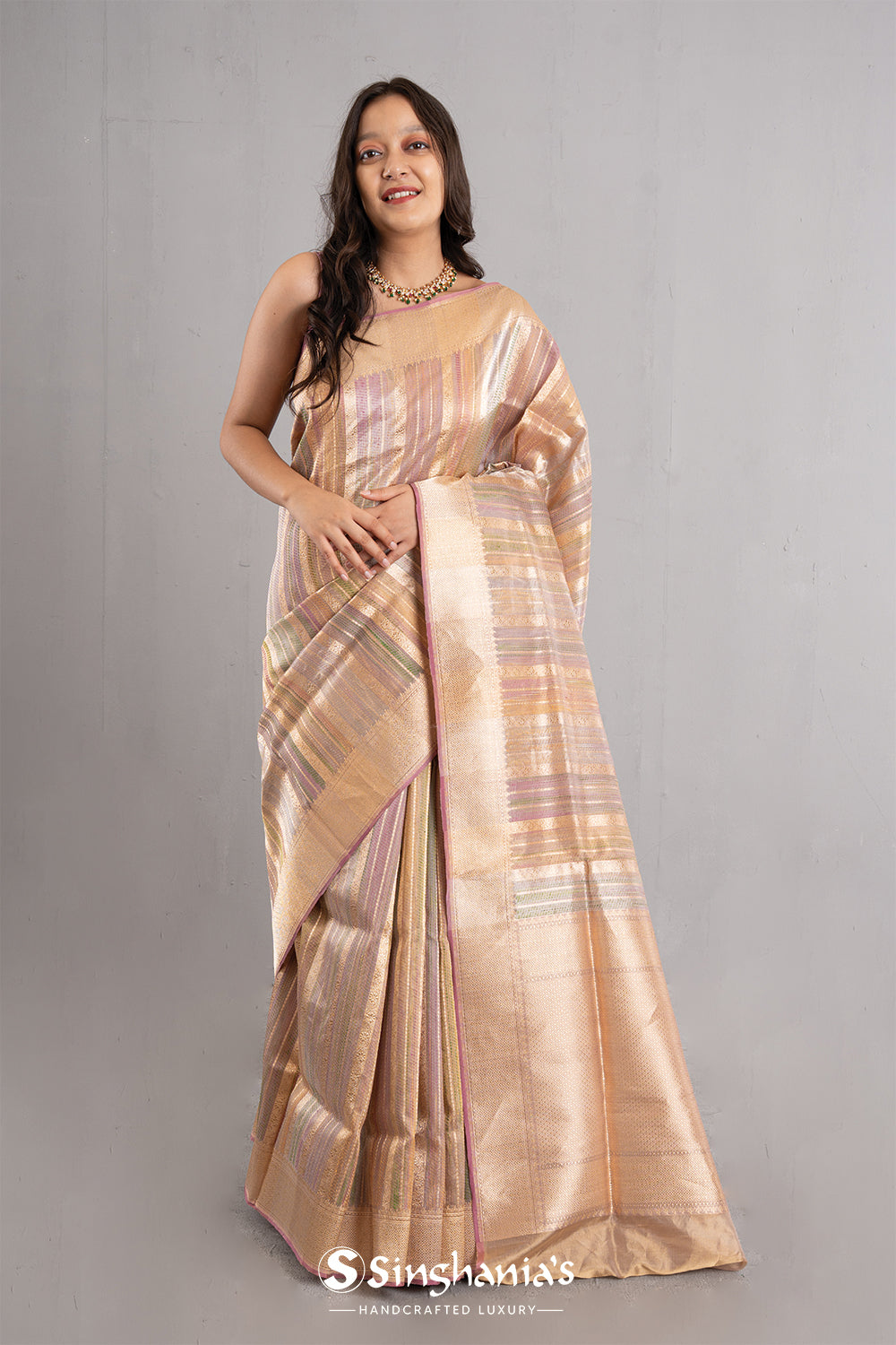 Medium Gold Multicolour Stripe Tissue Banarasi Saree