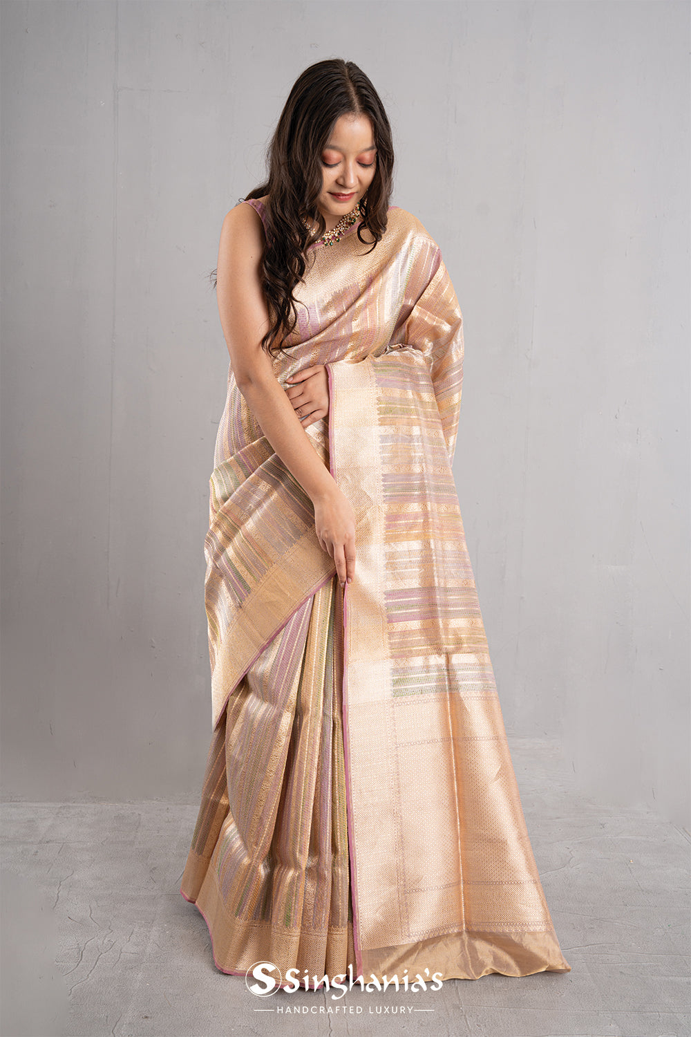 Medium Gold Multicolour Stripe Tissue Banarasi Saree