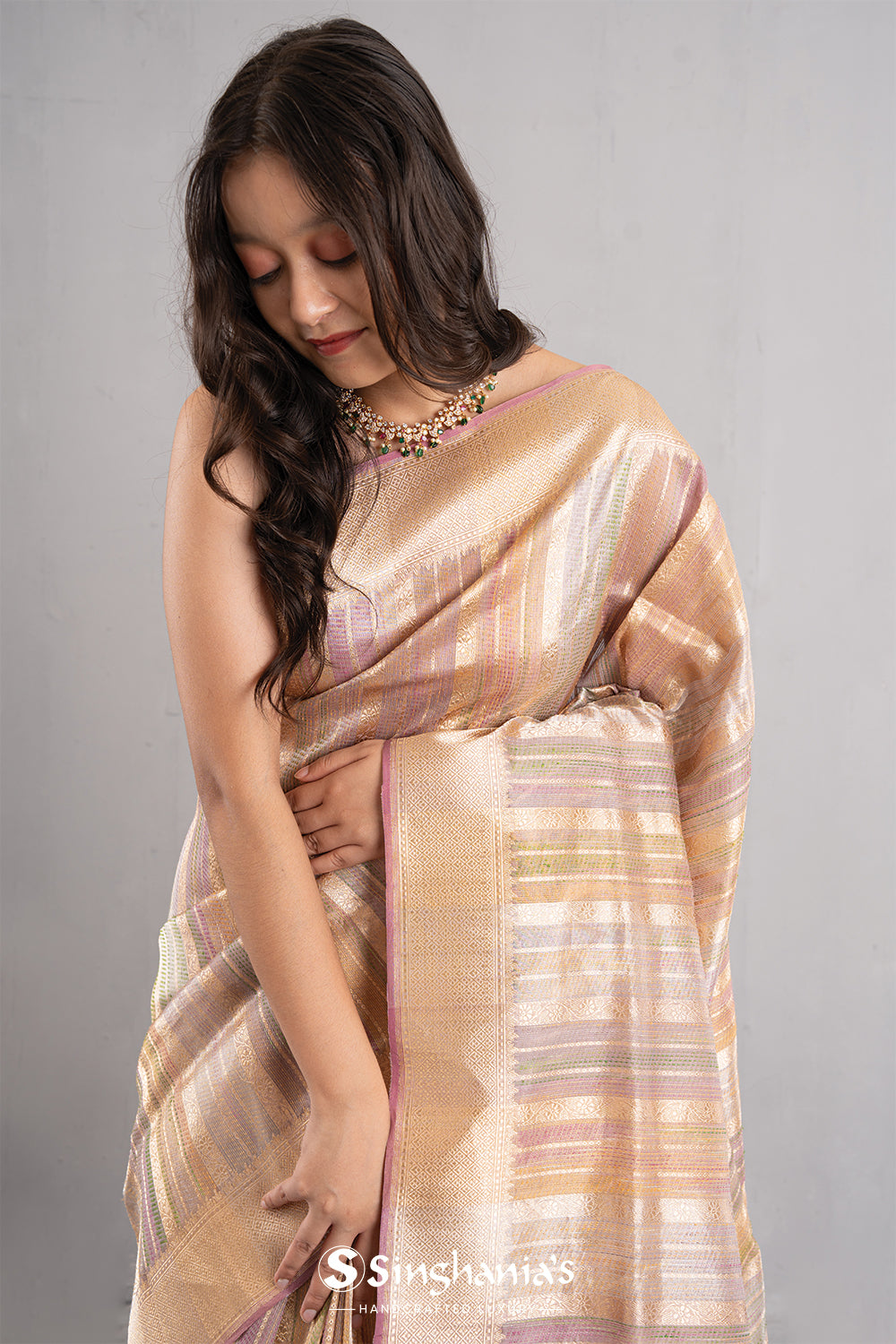 Medium Gold Multicolour Stripe Tissue Banarasi Saree