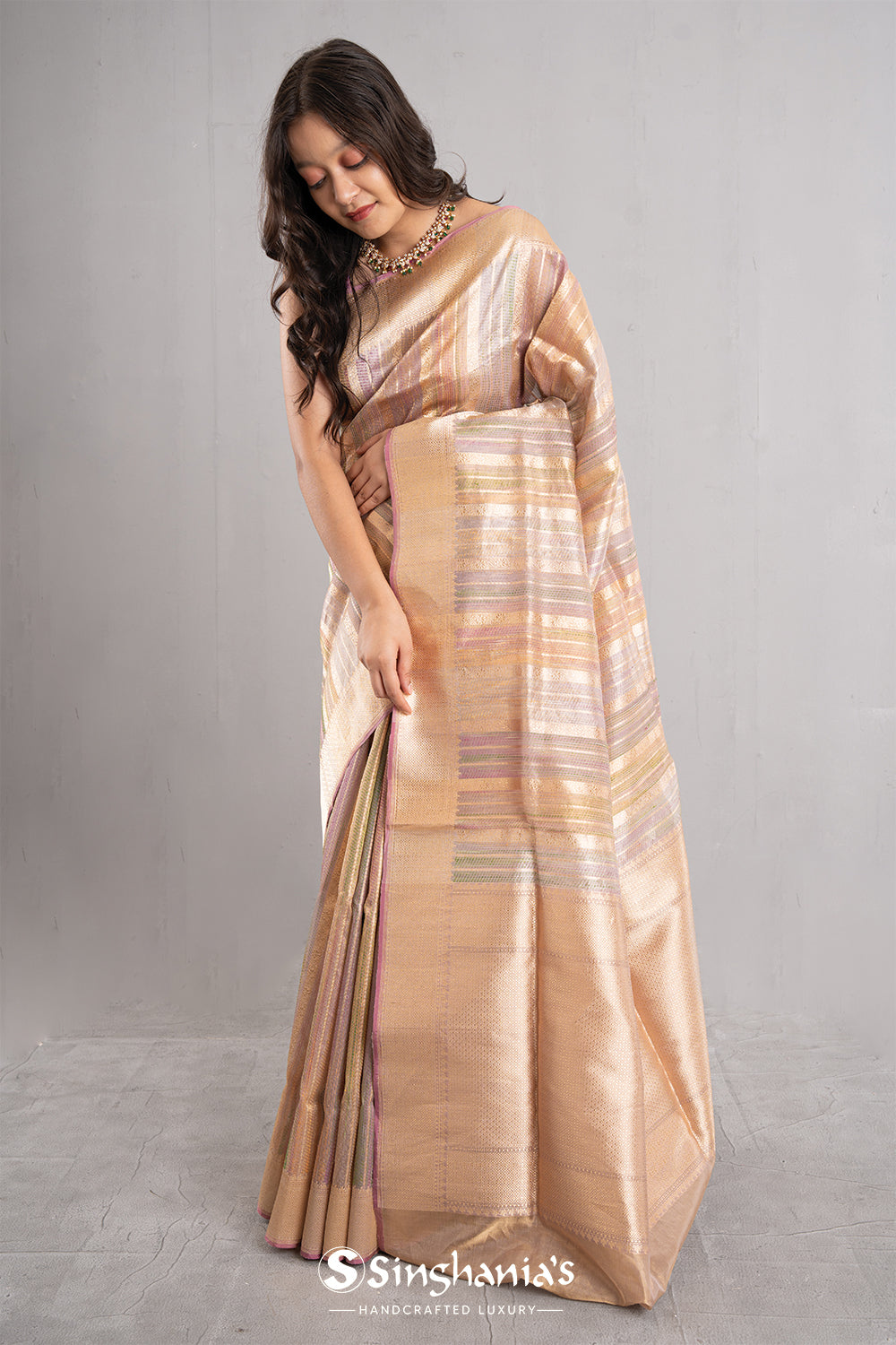 Medium Gold Multicolour Stripe Tissue Banarasi Saree
