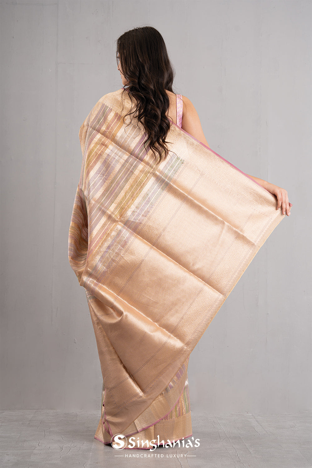Medium Gold Multicolour Stripe Tissue Banarasi Saree