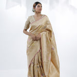Pale Gold Banarasi Silk Saree With Floral Design