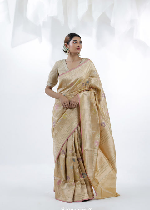 <img> Pale Gold Banarasi Silk Saree With Floral Design