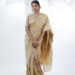 Pale Gold Banarasi Silk Saree With Floral Design