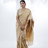 Pale Gold Banarasi Silk Saree With Floral Design