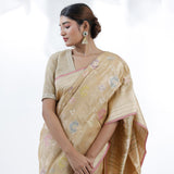 Pale Gold Banarasi Silk Saree With Floral Design